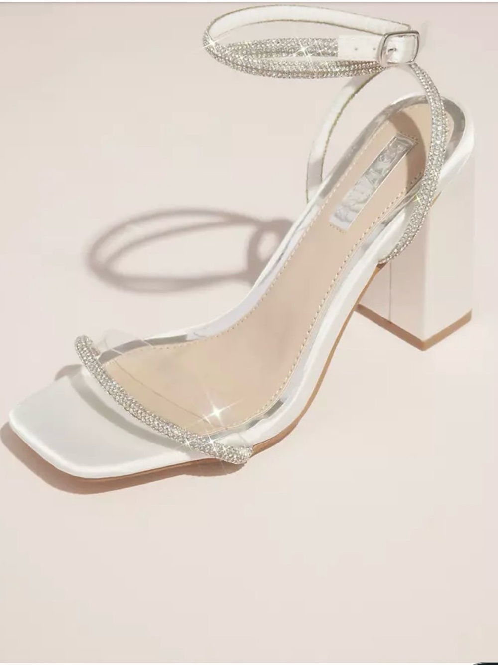 Women's White Crystal Ankle-Strap Block Heel Sandals